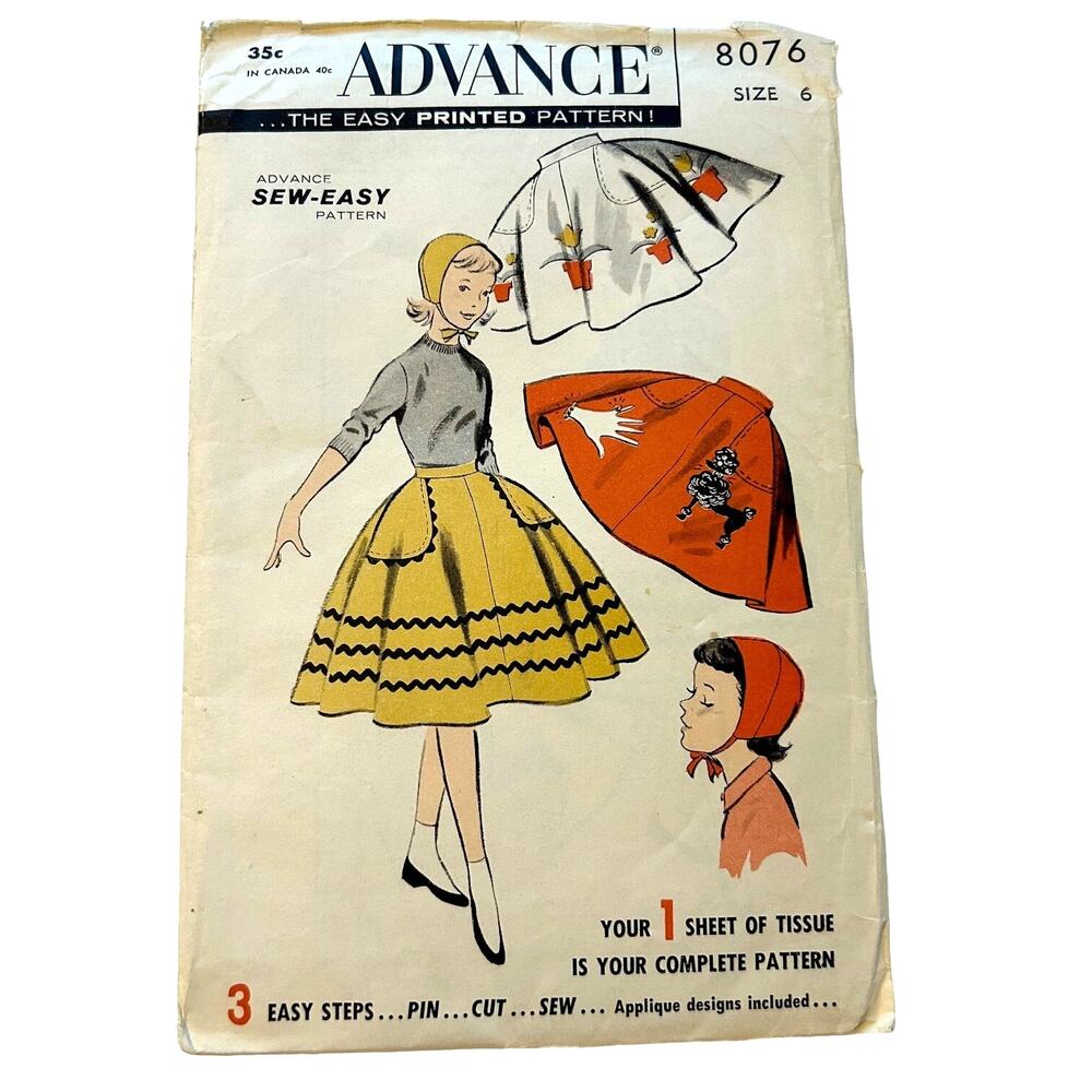 Advance Vintage 1950's‎ Pattern #8076  Girls Circle Poodle Skirt and Cap Size 6